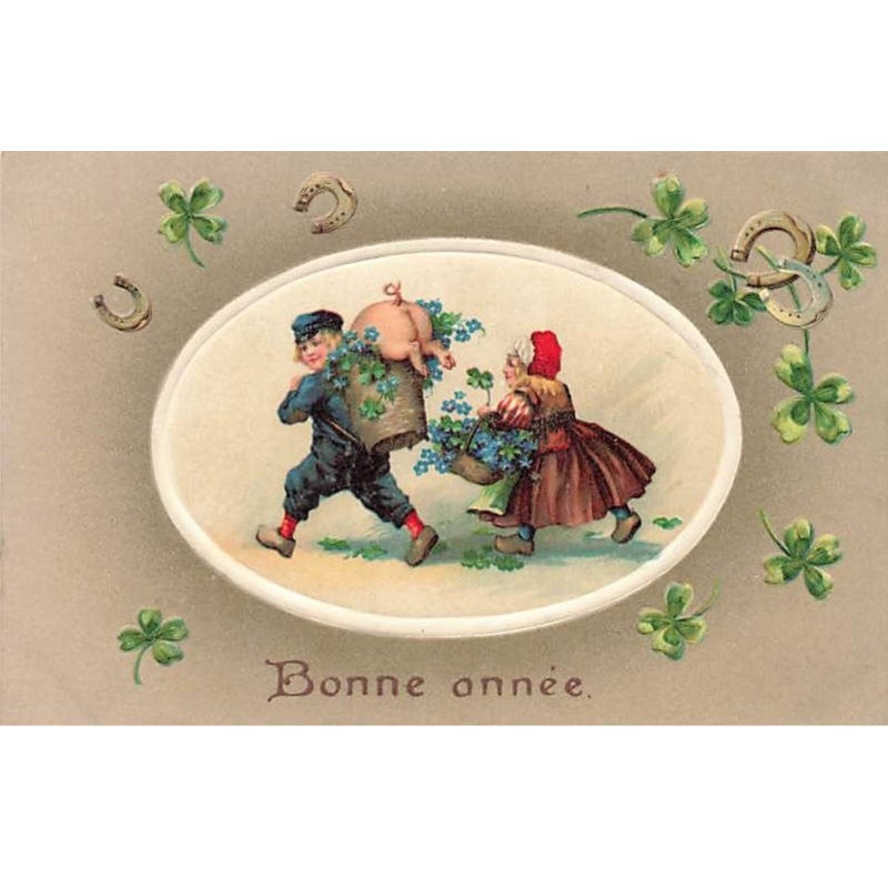 n°26344 - Carte Gaufrée - Bonne Année - Couple, l'un portant un cochon dans une hotte, l'autre un panier
