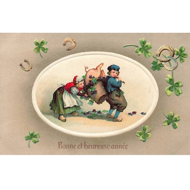 n°26345 - Carte Gaufrée - Bonne et Heureuse Année  - Couple, l'un mettant un cochon dans une hotte