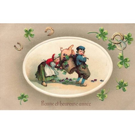 n°26345 - Carte Gaufrée - Bonne et Heureuse Année  - Couple, l'un mettant un cochon dans une hotte