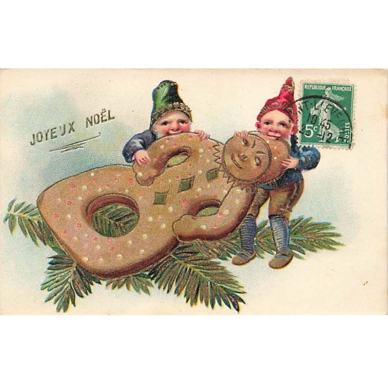 n°26346 - Carte Gaufrée - Joyeux Noël - Lutins mangeant un biscuit en forme de bonhomme
