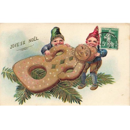 n°26346 - Carte Gaufrée - Joyeux Noël - Lutins mangeant un biscuit en forme de bonhomme