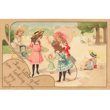 n°26349 - Fantaisie - Fillettes jouant dans un parc - Poupée, cerceau