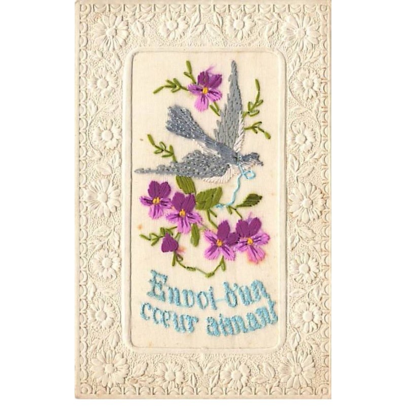 n°26352 - Fantaisie - Carte Brodée - Envoi d'un coeur aimant - Oiseau et violettes
