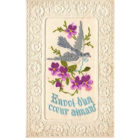 n°26352 - Fantaisie - Carte Brodée - Envoi d'un coeur aimant - Oiseau et violettes