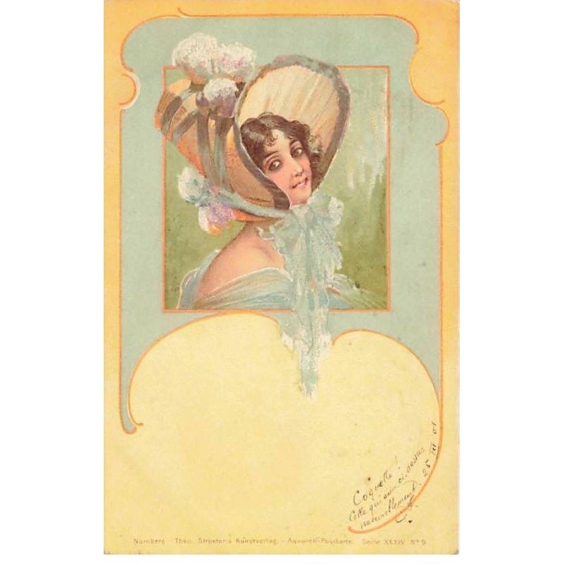 n°26360 - Fantaisie - Stroefer's Serie XXXIV n°9 - Portrait d'une jeune femme portant un beau chapeau