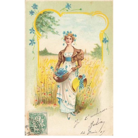 n°26366 - Fantaisie - Jeune femme dans un pré, portant des myosotis
