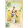 n°26366 - Fantaisie - Jeune femme dans un pré, portant des myosotis