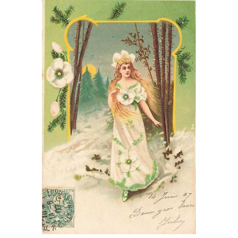 n°26369 - Fantaisie - Jeune femme portant une robe rose des neiges
