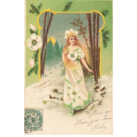 n°26369 - Fantaisie - Jeune femme portant une robe rose des neiges
