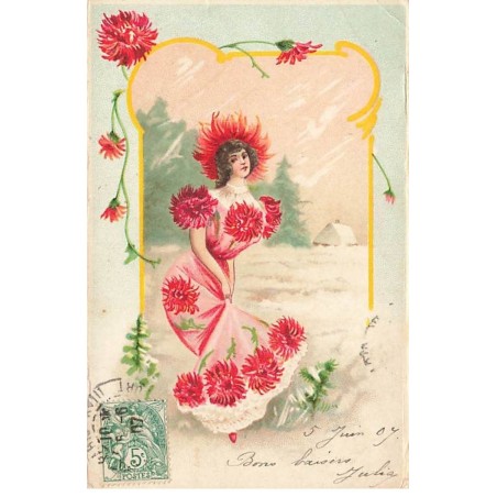 n°26370 - Fantaisie  - Jeune femme portant une robe chrysanthème