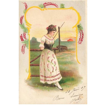 n°26372 - Fantaisie - Jeune femme portant une robe fleuri, près d'un puits