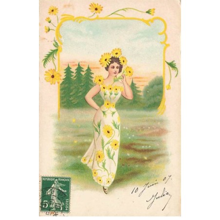 n°26374 - Fantaisie - Jeune femme portant une robe fleurs jaunes