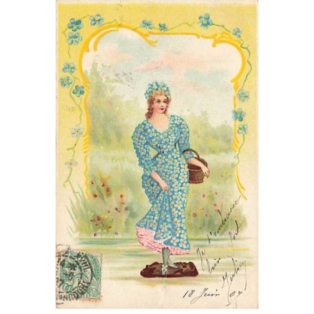 n°26375 - Fantaisie - Jeune femme portant une robe myosotis - Carte vendue en l'état