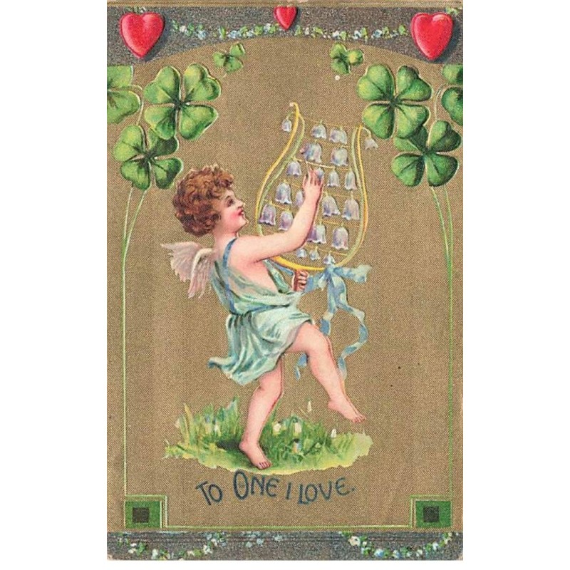 n°26378 - Carte Gaufrée - Saint-Valentin - To One I Love - Ange jouant avec une lyre fait de muguet