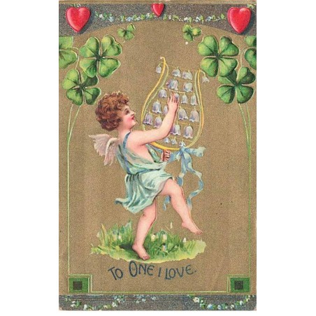 n°26378 - Carte Gaufrée - Saint-Valentin - To One I Love - Ange jouant avec une lyre fait de muguet