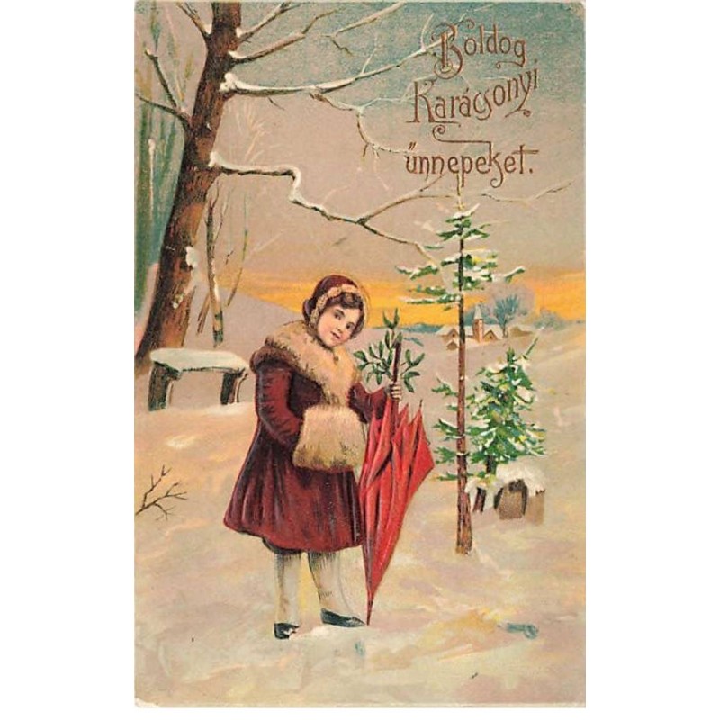 n°26380 - Carte Gaufrée - Noël - Boldog Karagonyi ünnepeket - Jeune fille se promenant dans la neige