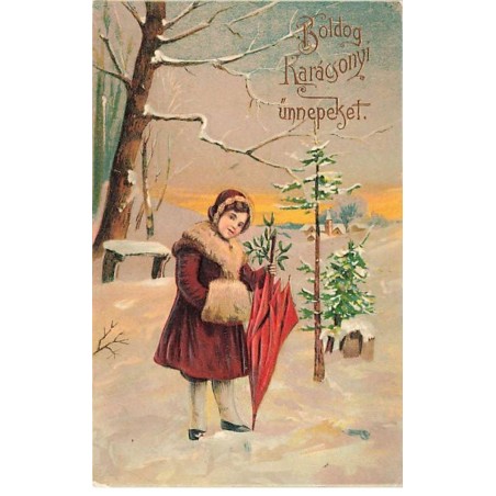 n°26380 - Carte Gaufrée - Noël - Boldog Karagonyi ünnepeket - Jeune fille se promenant dans la neige