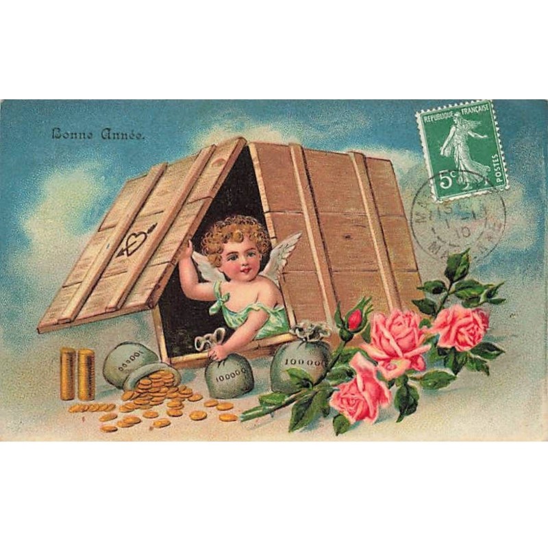 n°26384 - Carte Gaufrée - Bonne Année - Ange dans une caisse, près de sac de pièces d'or et de roses
