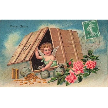 n°26384 - Carte Gaufrée - Bonne Année - Ange dans une caisse, près de sac de pièces d'or et de roses