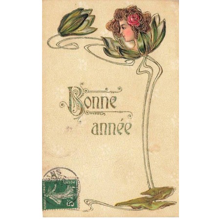 n°26385 - Carte Gaufrée - Art Nouveau - Bonne Année - Tête d'une jeune femme au milieu d'une fleur