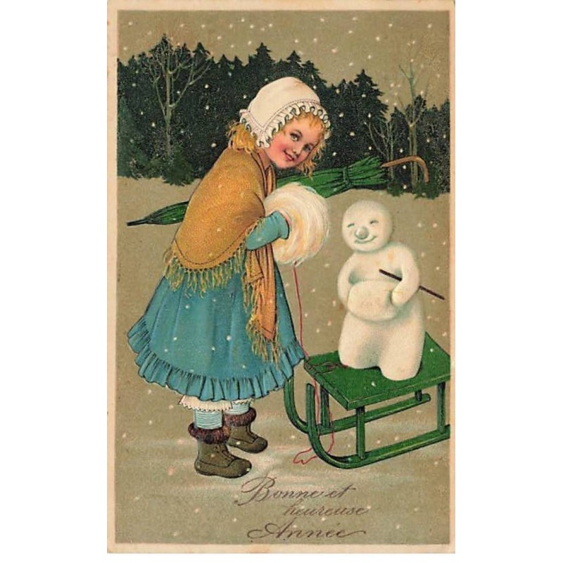 n°26386 - Carte Gaufrée - Flatscher  Serie 7119 - Bonne et Heureuse Année - Fillette près d'un bonhomme de neige