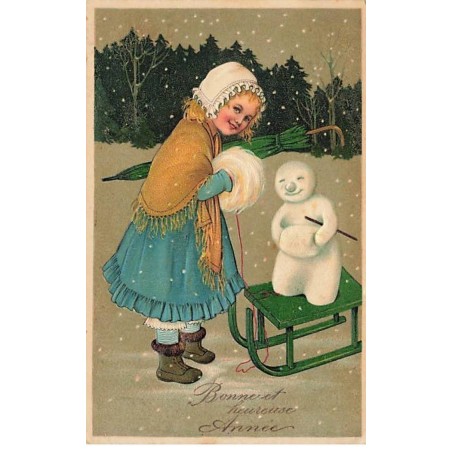 n°26386 - Carte Gaufrée - Flatscher  Serie 7119 - Bonne et Heureuse Année - Fillette près d'un bonhomme de neige