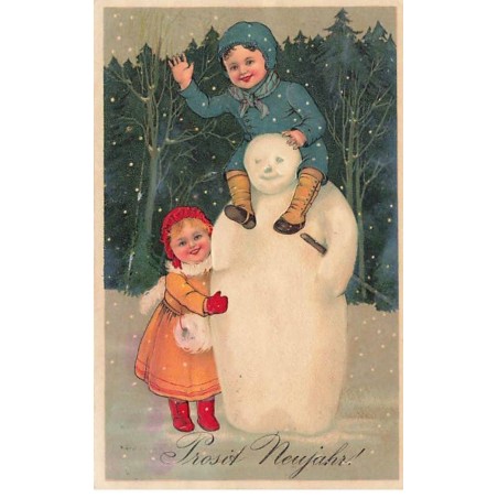 n°26387 - Carte Gaufrée - Nouvel An - Flatscher  Serie 7119 - Enfants autour d'un bonhomme de neige