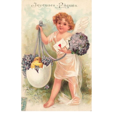 n°26392 - Clapsaddle - Carte Gaufrée - Joyeuses Pâques - Ange portant un poussin dans un oeuf rempli de violettes