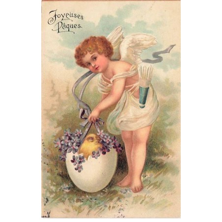 n°26393 - Clapsaddle - Carte Gaufrée - Joyeuses Pâques - Cupidon portant un poussin dans un oeuf rempli de violettes