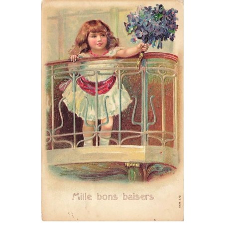 n°26394 - Fantaisie - Carte Gaufrée - Mille Bons Baisers - Fillette à un balcon tenant un bouquet de violettes
