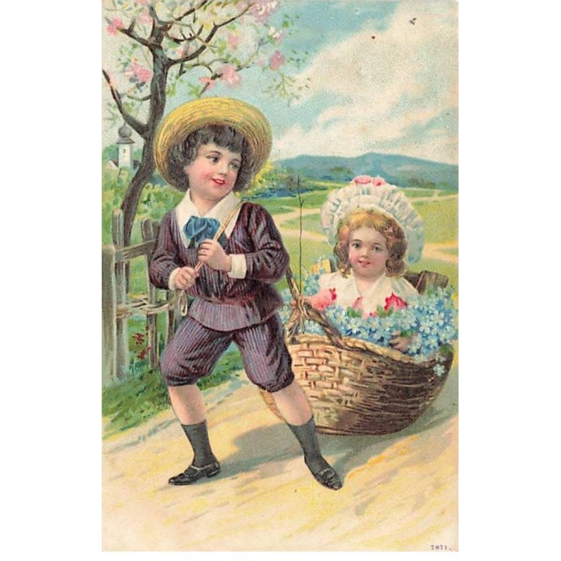 n°26396 - Fantaisie - Carte Gaufrée - Garçon tirant une fillette dans un panier rempli de myosotis