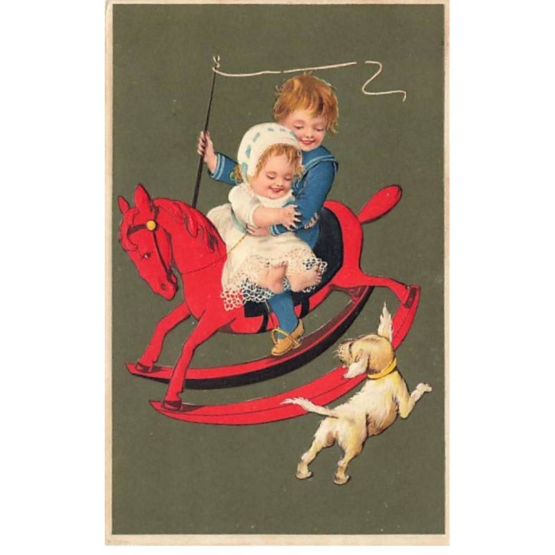 n°26399 - Carte Gaufrée - Flatscher Serie 6229 - Un garçon tenant un bébé sur un cheval à bascule - chien