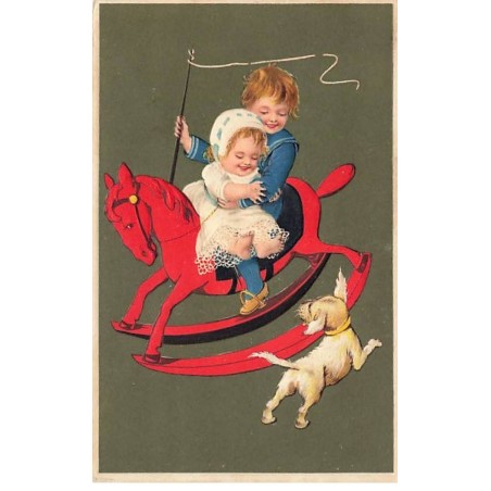 n°26399 - Carte Gaufrée - Flatscher Serie 6229 - Un garçon tenant un bébé sur un cheval à bascule - chien