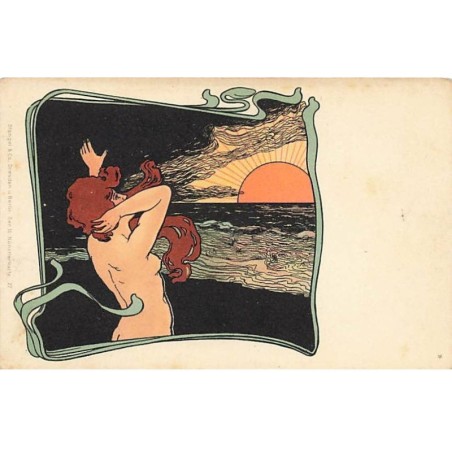 n°26401 - Illustrateur - Art Nouveau - Stengel & Co - Femme nue de dos admirant un coucher de soleil