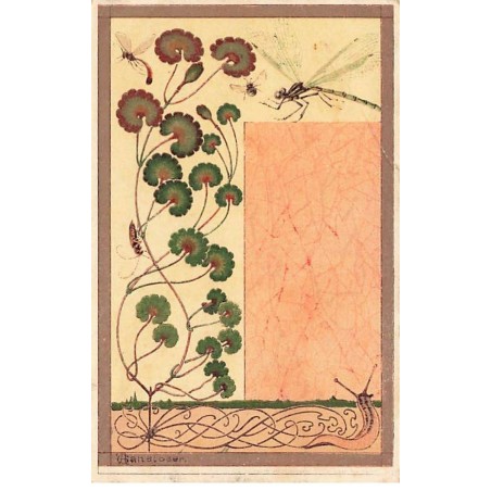 n°26402 - Illustrateur - Art Nouveau - Libellule et insectes autour de géranium - Limace