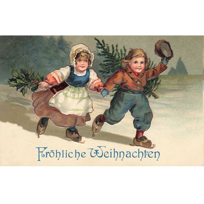 n°26406 - Carte Gaufrée - Serie 635 - Fröhliche Weihnachten - Un couple avec des patins sous leurs sabots
