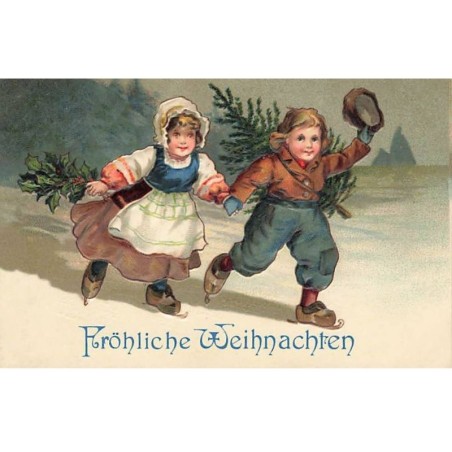 n°26406 - Carte Gaufrée - Serie 635 - Fröhliche Weihnachten - Un couple avec des patins sous leurs sabots