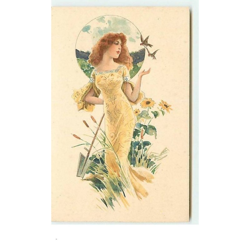 n°12815 - Jeune femme avec des oiseaux allant se posant sur sa main