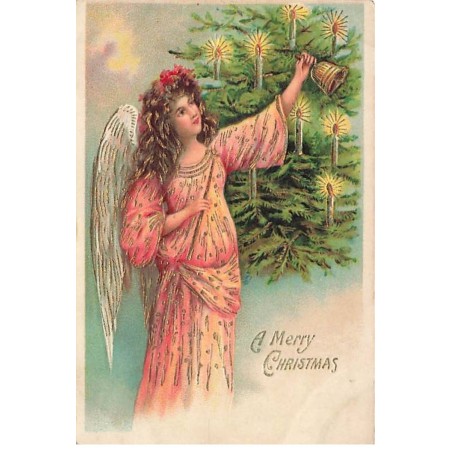 n°26409 - Carte Gaufrée - A Merry Christmas - Ange gardien sonnant une clochette près d'un sapin