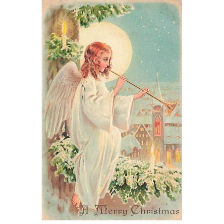 n°26410 - Carte Gaufrée - A Merry Christmas - Ange sonnant dans une trompette au clair de lune