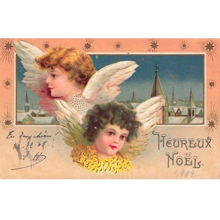 n°26411 - Clapsaddle - Heureux Noël - Deux têtes d'anges au-dessus de maisons