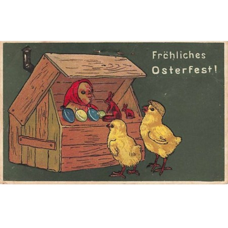 n°26412 - Carte Gaufrée - Pâques - Poussins, marchande d'oeufs et lapins
