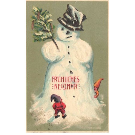 n°26418 - Carte Gaufrée - Nouvel An - Fröhliches Neujahr - Lutins autour d'un bonhomme de neige