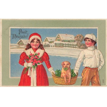 n°26424 - Carte Gaufrée - Nouvel An - Prosit Neujahr - Couple portant un cochon dans un panier