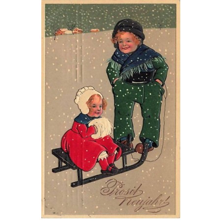 n°26426 - Carte Gaufrée - Flatscher Serie 6211 - Prosit Neujahr - Garçon tirant une fillette sur une luge