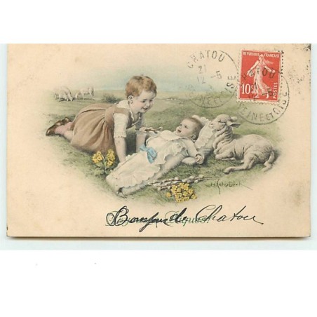 n°12826 - MM Vienne n°661 - H. Schubert - Joyeuses Pâques - Fillette regardant un bébé près d'un mouton