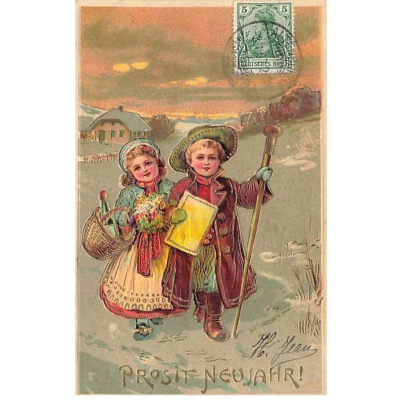 n°26427 - Carte Gaufrée - Série 6487 - Prosit Neujahr - Couple se promenant dans la neige
