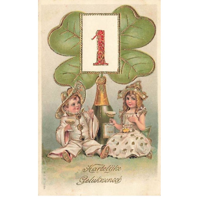 n°26432 - Carte Gaufrée - Nouvel An - MSIB 13564 - Pierrot et Colombine trinquant