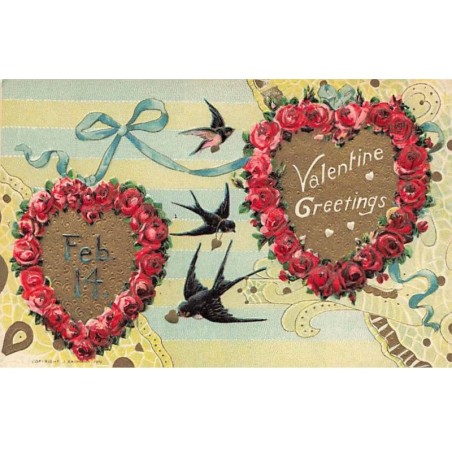 n°26437 - Carte Gaufrée - Saint-Valentin - Valentine Greetings - Coeurs décorés de roses et hirondelles