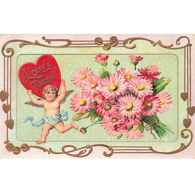 n°26438 - Carte Gaufrée - Saint-Valentin - Love's Token - Ange près d'un bouquet